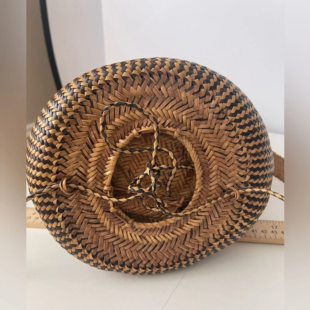 Rattan AJAT BASKET Wicker Backpack Sling Bag Argyle Pattern Woven